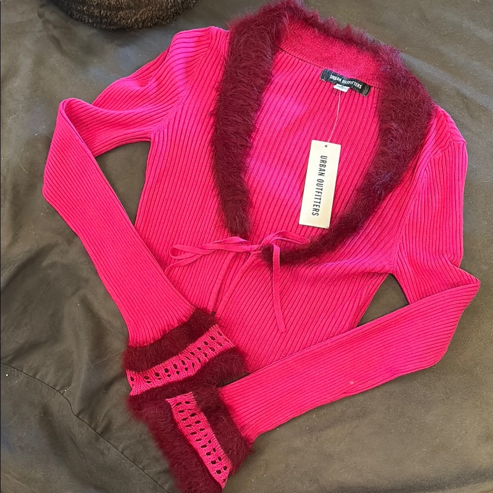 Urban Outfitters Fuchsia Cardigan with Burgundy fur Accents